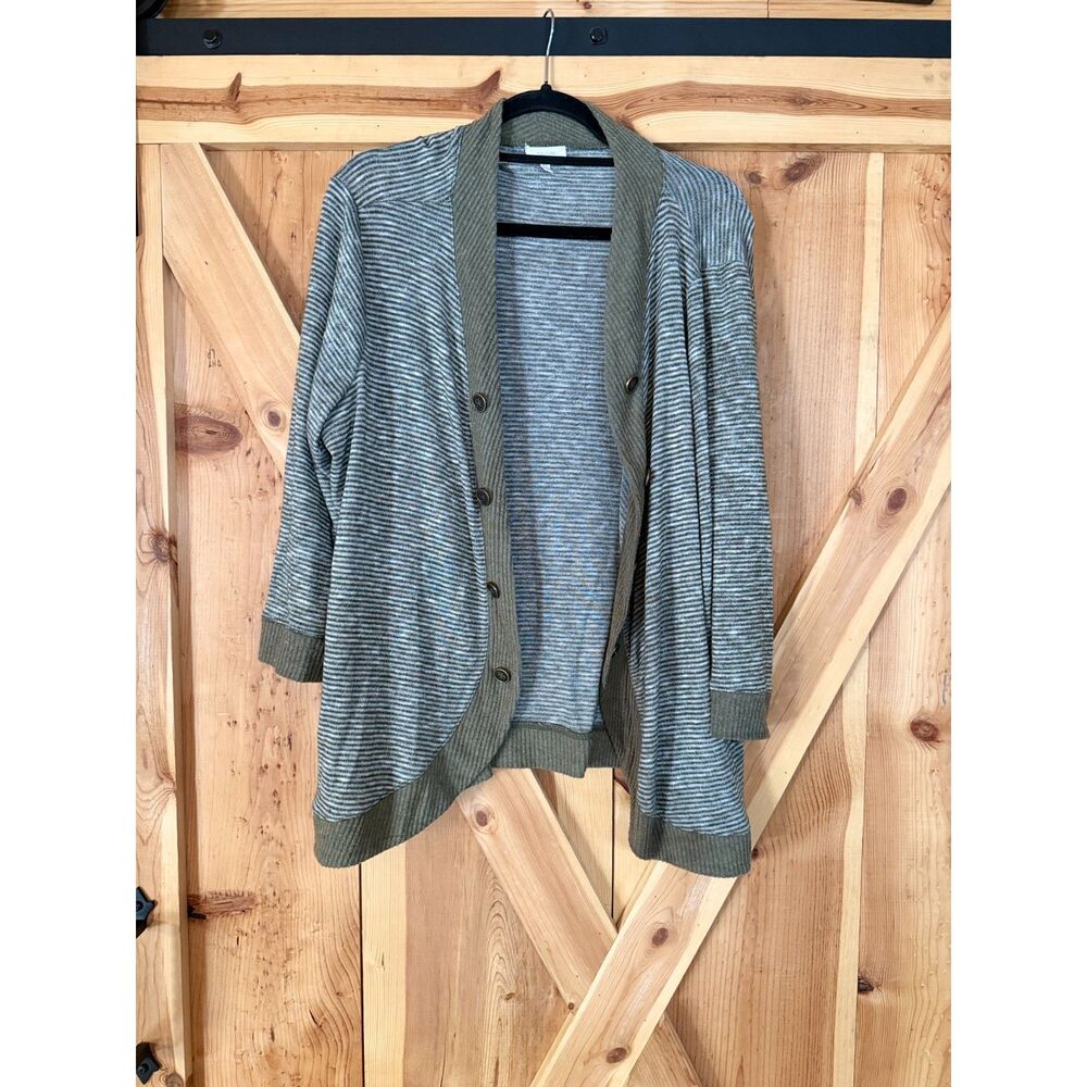 Maurices Olive Green Striped Cardigan Sweater Plus Women 1X Open Front Knit Boho
